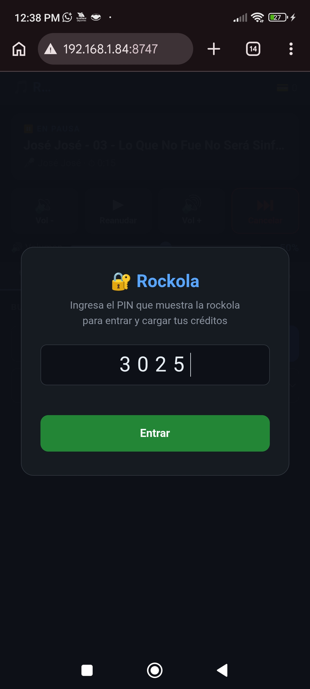 Control móvil: ingreso con PIN